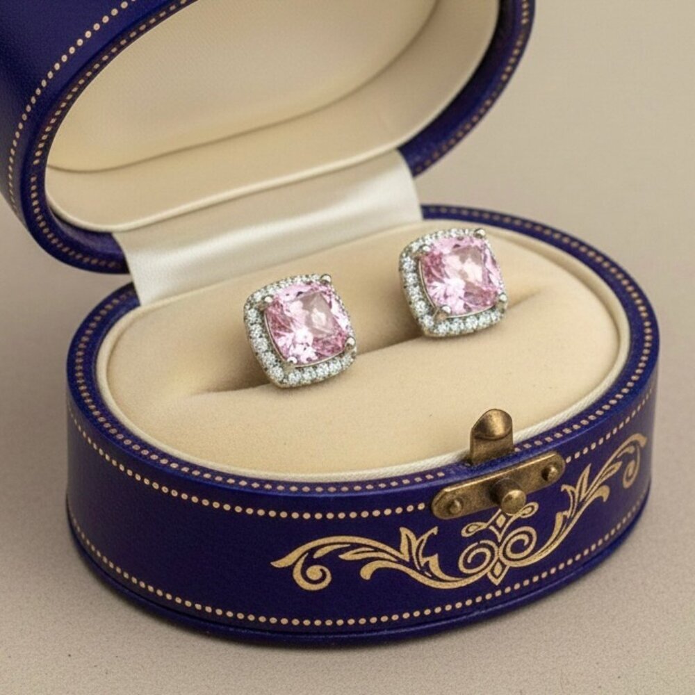 New Pink Cushion CZ Stud Earrings 925 Silver Halo Setting Coquette Wedding Glam